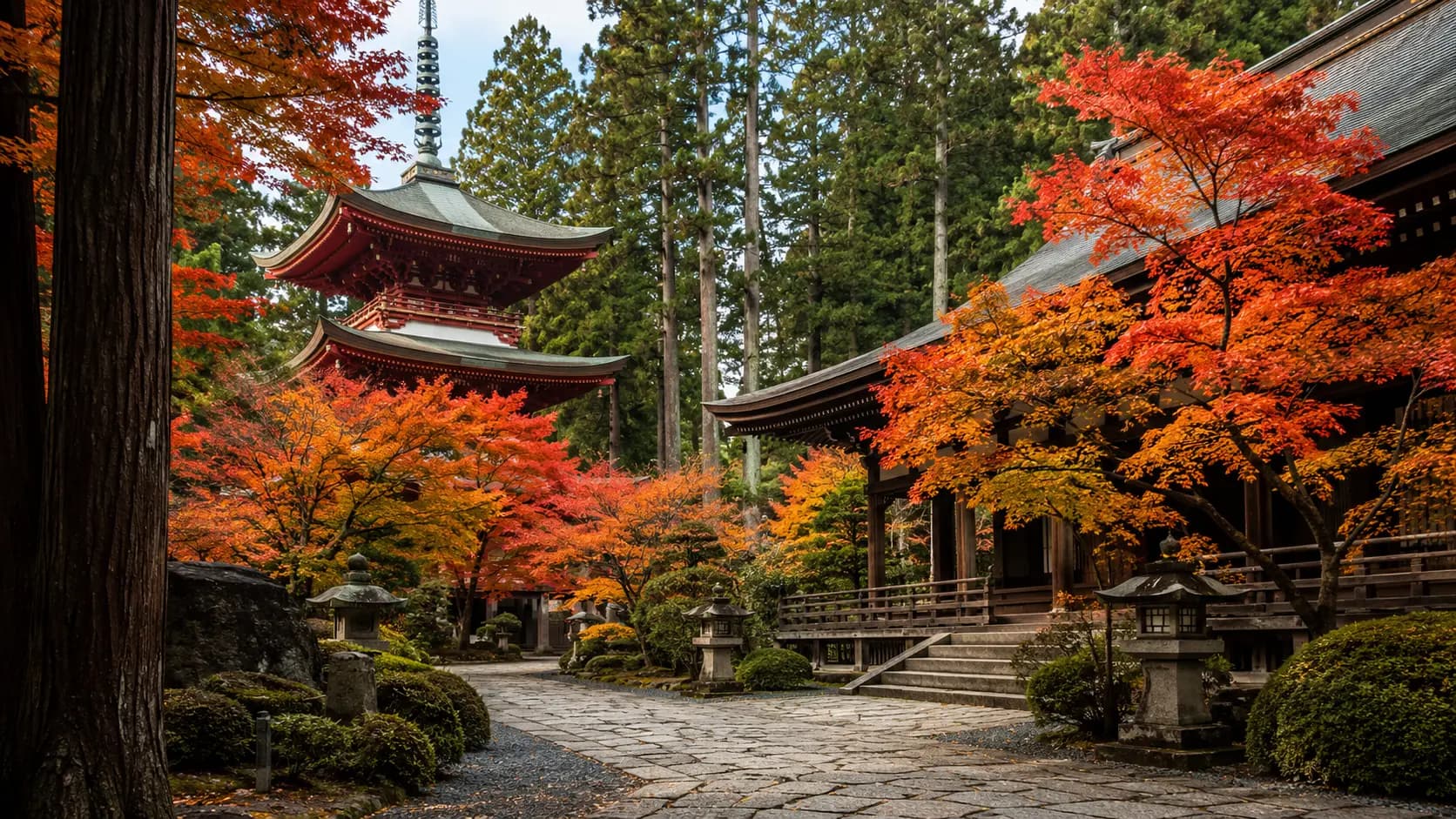 高野山秋天的寺院與紅葉