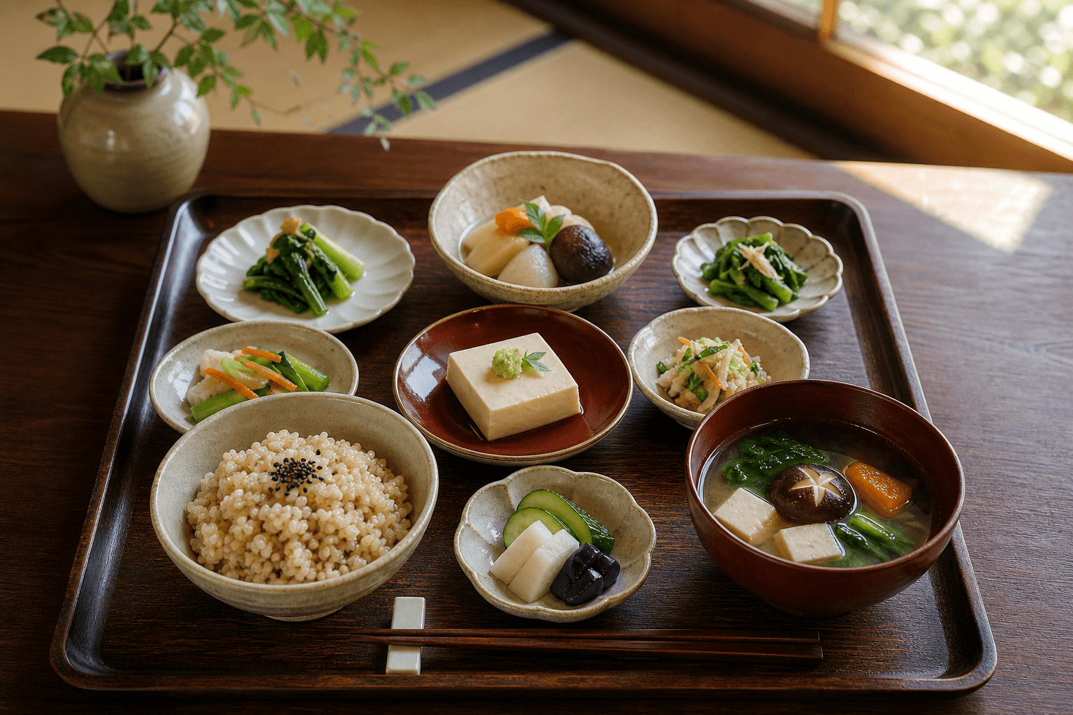 窗邊自然光下的一桌素食定食